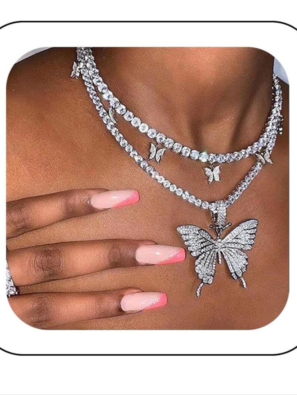 Silver Butterfly Layered Necklace - Sparkling Crystal Chain